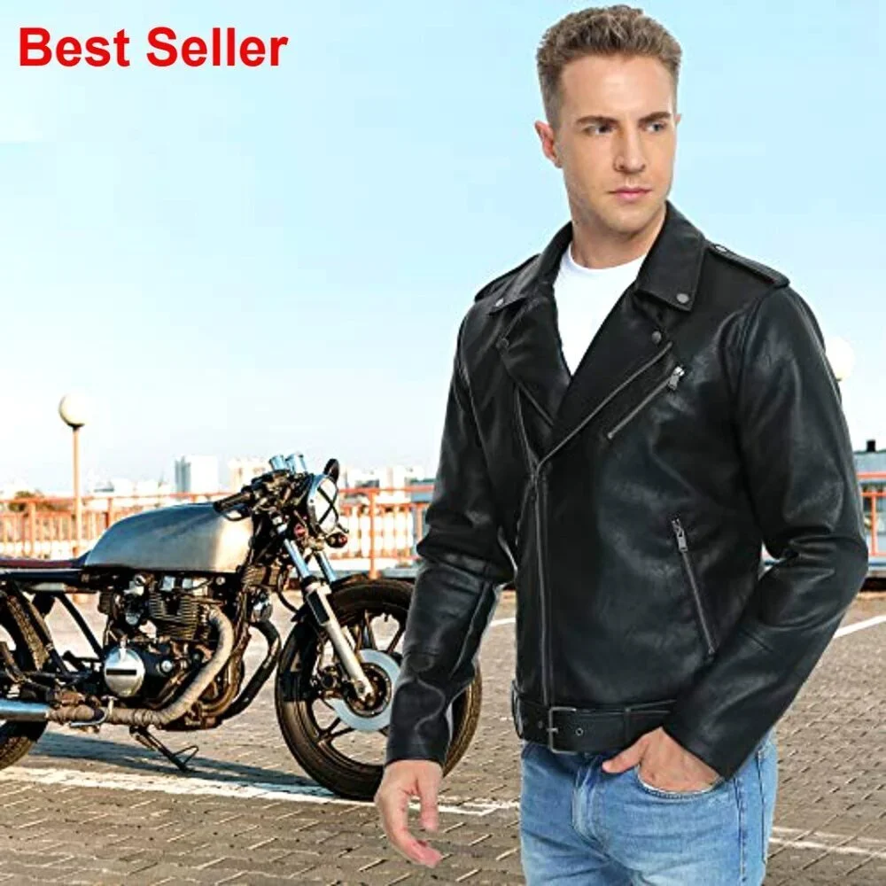Faux Leather Bomber Jacket, Slim Fit Biker Coat with Belt